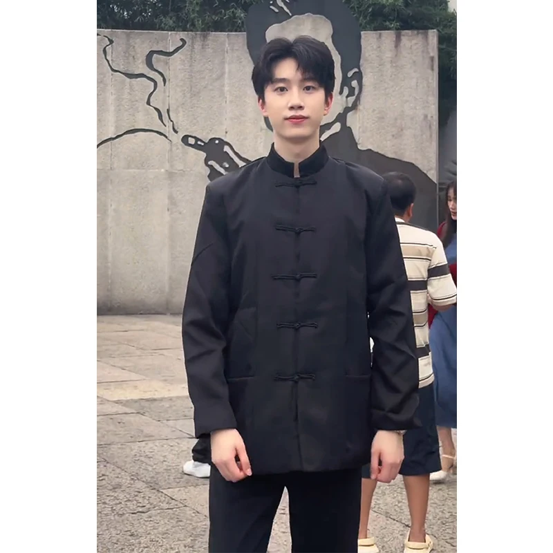 

New Chinese Style Men's Long Sleeve Shirt Stand Collar Button up Top Hanfu Outerwear Loose Fit Youth Trend Autumn Fashion