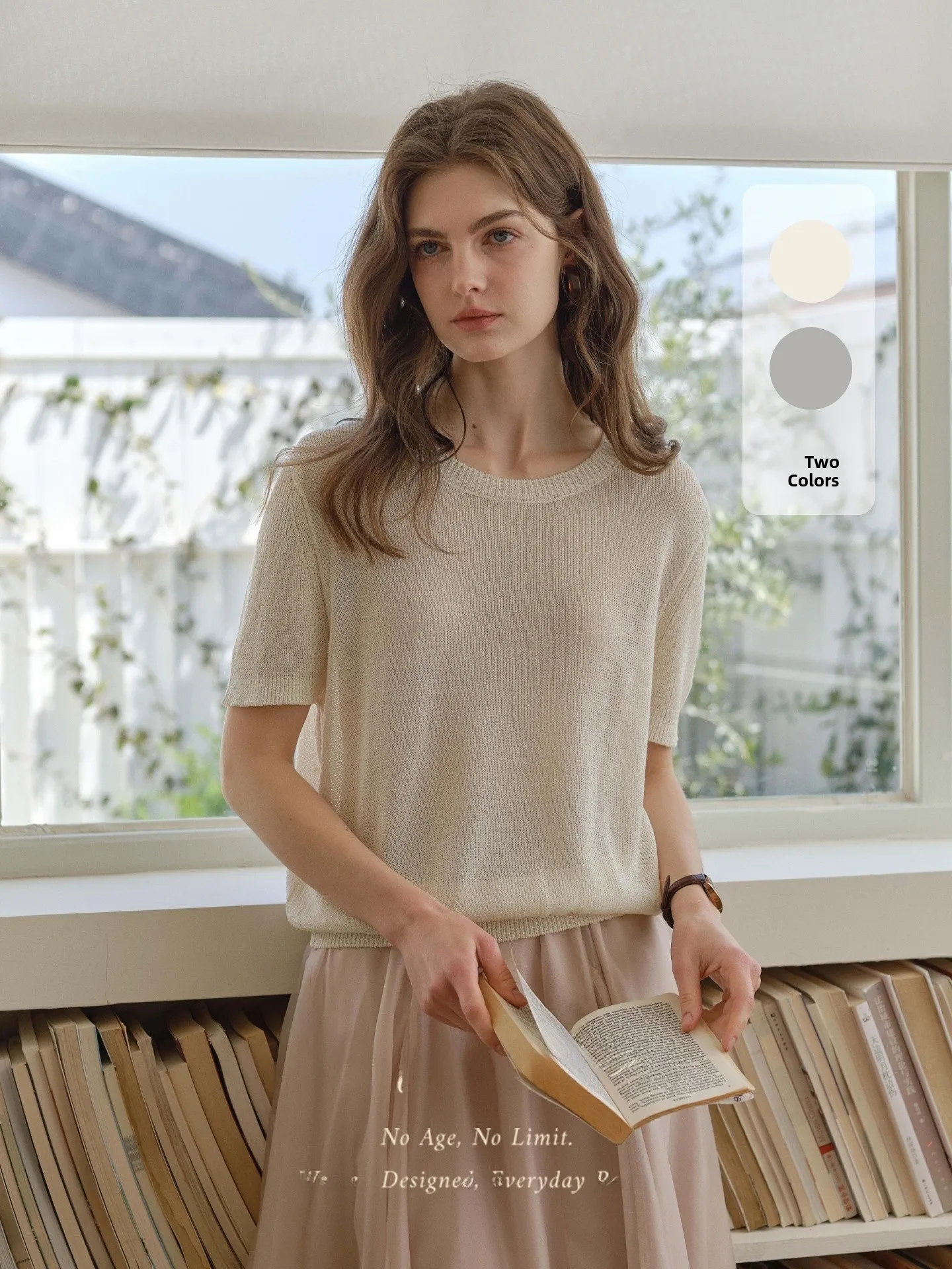 

Cool Breathable Short Sleeve Knitted Top Women's Simple Loose Feeling T-Shirt Retro Style round Neck Pullover Summer