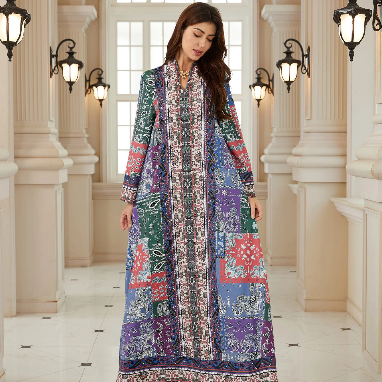 Eid Abaya Frauen Party Kleid v-ausschnitt Jalabiya Drucken Muslimischen Dubai Vestidos Largo Ramadan Marokko Gebet Kaftan Robe Abayas 2026