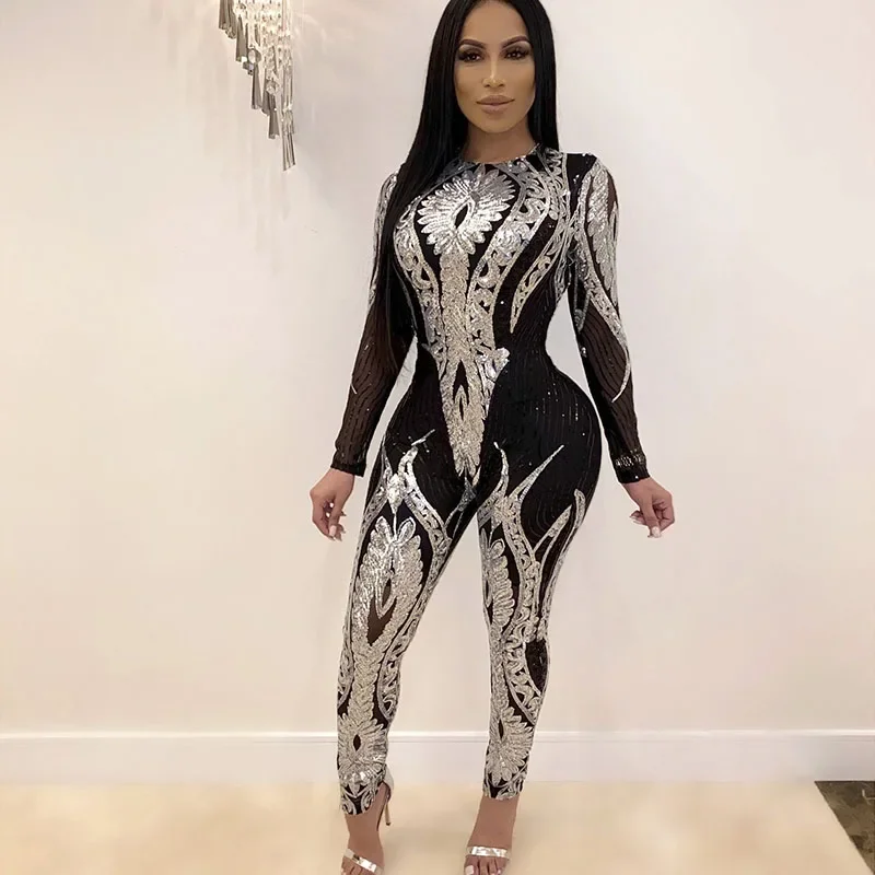 Sexy Luxury Sparkly Sequin Bodycon Jumpsuit Women Elegant Long Sleeve Mesh See Through Skinny Rompers Party One Piece Overalls