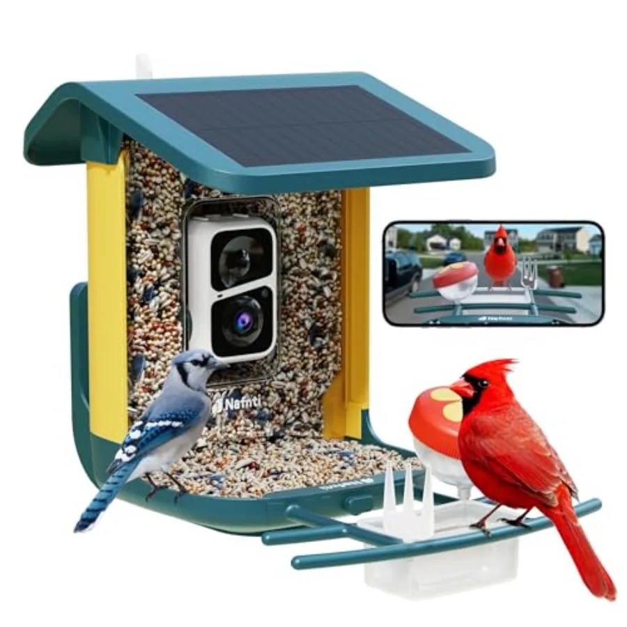 Outdoor bird feeder with camera: dark blue, ABS plastic, 2K live stream, 2.4GHz/5GHz Wi-Fi, 1.8L capacity, AI bird identificati