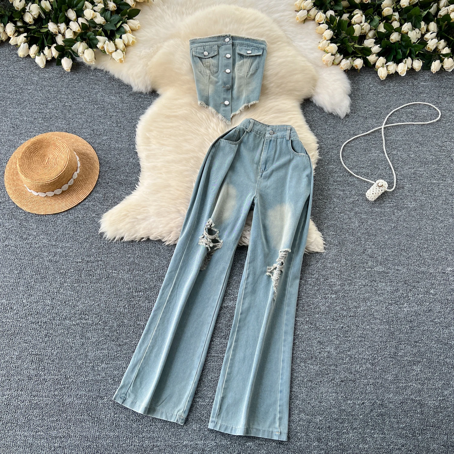 casual suit for women with sexy sleeveless buckle and slim fitting irregular bra vest+ripped high waisted jeans