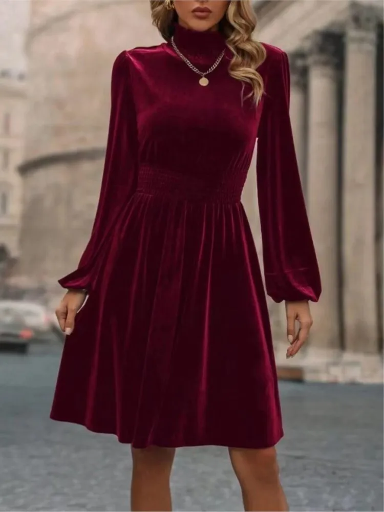 

Autumn Winter Women's Solid Color Velvet Long Sleeve Fashion Bubble Sleeve Casual Comfortable Stand Up Collar Knee Length Dress