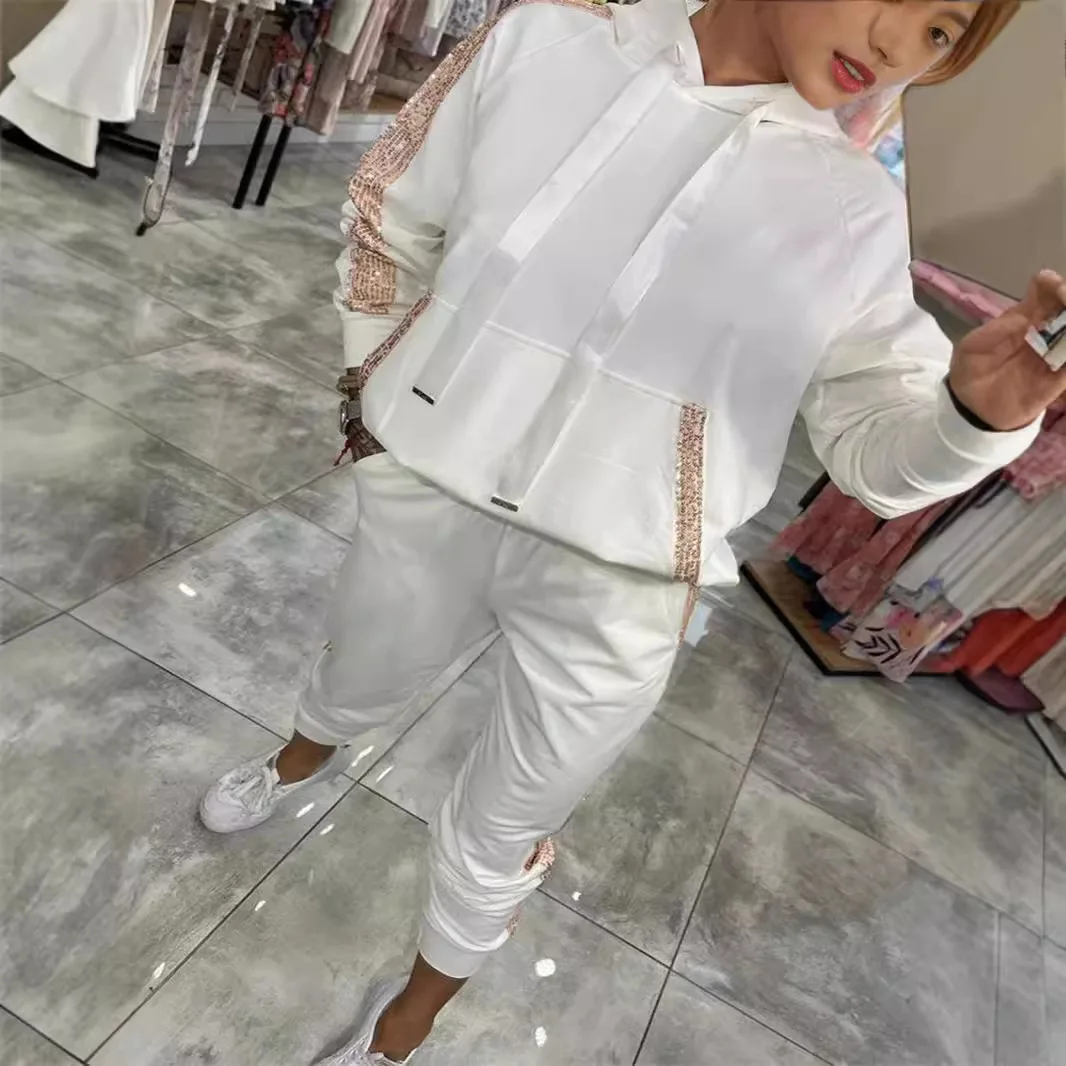 2025 Sequin Ket Hoodie Sweatirt Pants Set Casual Sportswear Long Sve Long Pants Faionable Women's Ensemble