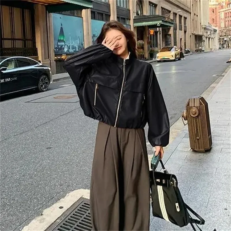 Herfst 20256 Damesjas Casual Opstaande Kraag Lange Sve Kunstleer Jaet Veelzijdige Bovenkleding Ele Ladylike Sle