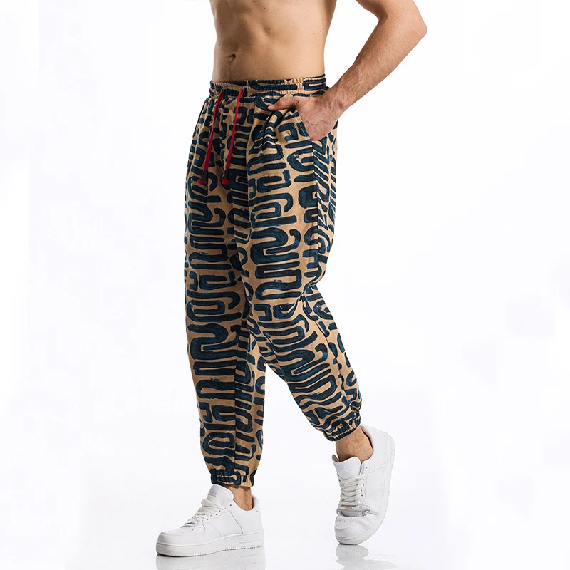 

Euro Size Mens Boho Tribal Print Stretch Linen Pnats Cotton Blend Drawstring LightWeight Trousers with Pockets