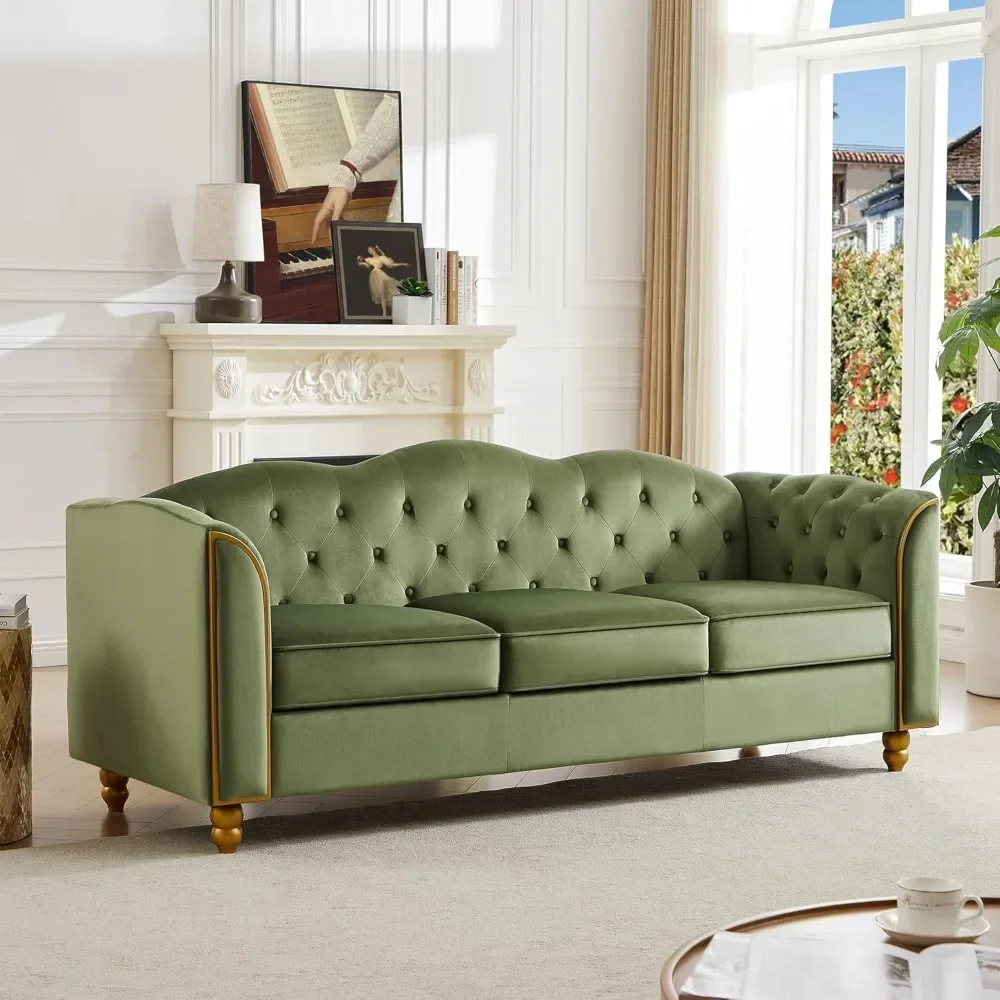 Soft 3-seater sofa in the living room, button cluster comfortable sofa with soft cushion, solid wood legs