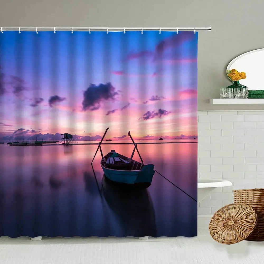 Nature Sunset Dusk Scenery Shower Curtains Ocean Wooden Boat Bathroom Decor Accessories with Hooks Waterproof Fabric Screen