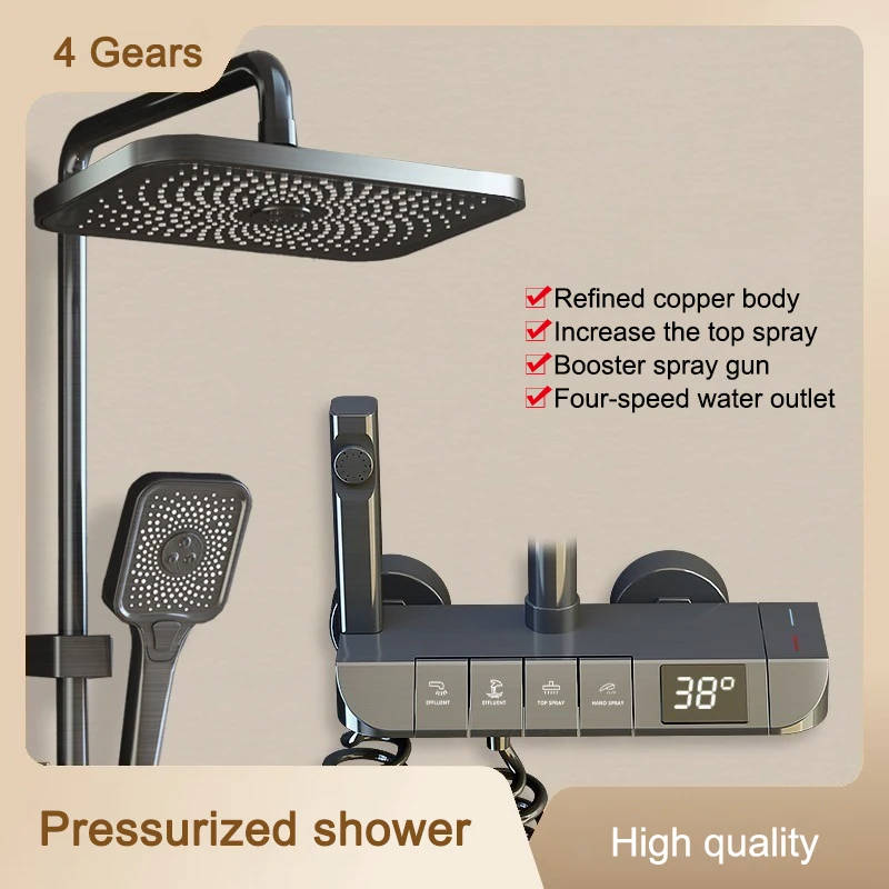 Full Copper Shower Sets Piano Digital Display Bathroom Faucets Sets Household Constant Temperature Booster Nozzle Shower System