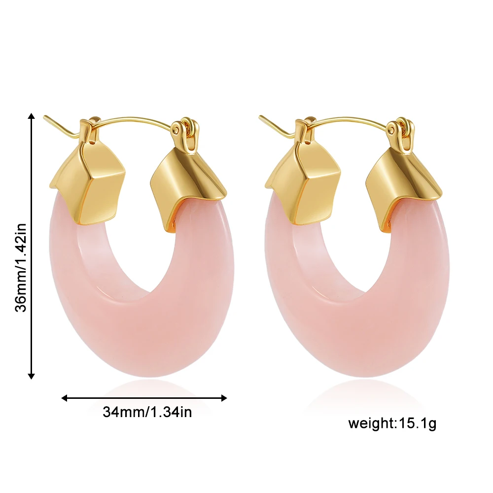 Hot Sale New Resin U Shape Gold Plated Hoop Earrings for Women Stainless Steel Pink Natural Stone Huggie Ear Jewelry Wed Gifts