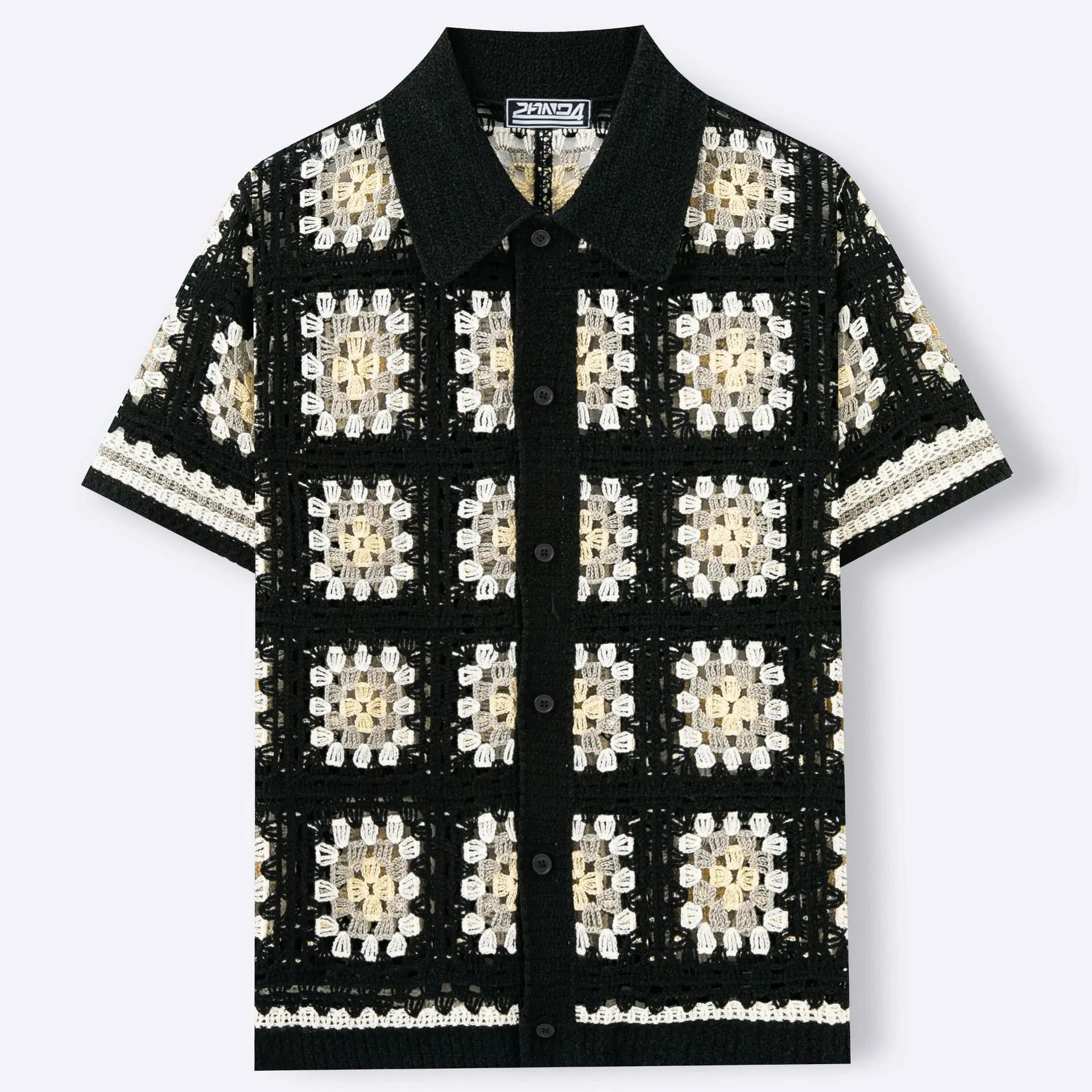 Men Color-coded Plaid Simple Casual Short Sleeve Turn-down Collar Hollow Out Loose Knitted Shirts Male Vintage Fashion Clothes