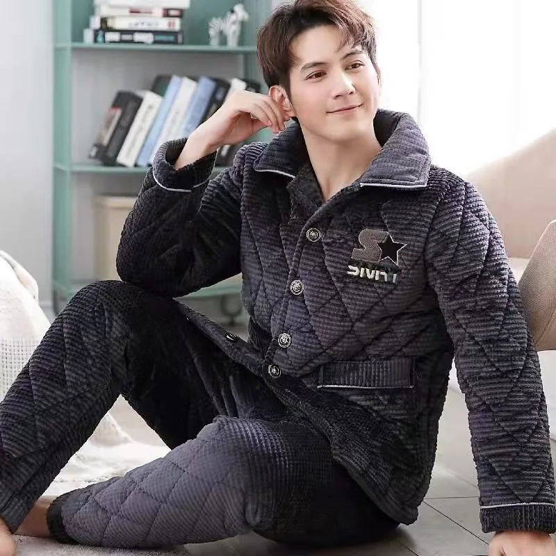 2023 New Pajama Men Winter Three-layer Padded Coral Velvet Loungewear Padded Cotton Plus Velvet Flannel Homewear Suit Autumn