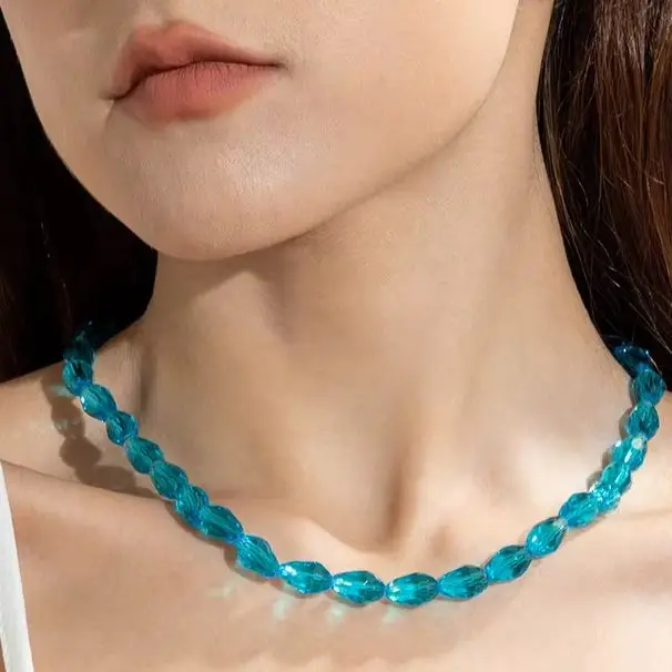 Docona Resort Style Glass Geometric Blue Drop Shape Beaded Choker Necklace Women's Daily Resort Jewelry Accessory