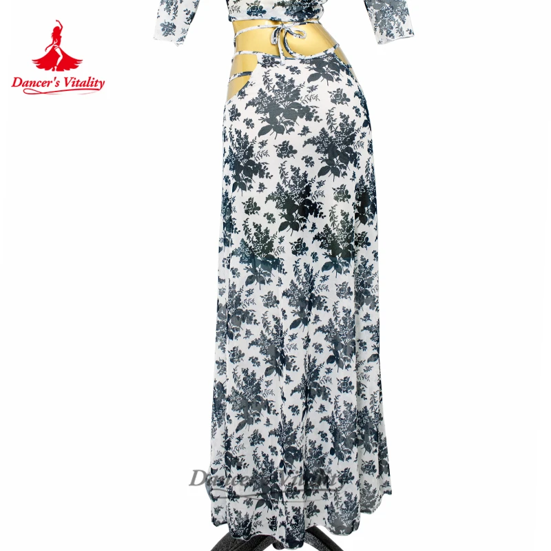 تنورة أداء الرقص الشرقي الجديدة للنساء، تنورة طويلة شبكية مطبوعة لكبار السن، ملابس ممارسة الرقص الشرقي للبالغين