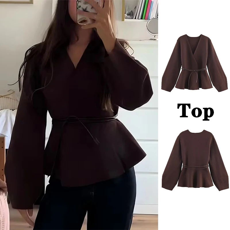 

Women's Knitted Jacket Long Sleeve With Belt Jackets For Women 2025 High Street Short Coats Lady Autumn Wrinkled Hem New Coat