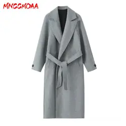 MNCCMOAA-Women's Loose Belt Woolen Coat, Long Sleeve, Pocket Outerwear, Casual, Female Fashion, Autumn, Winter, 2024