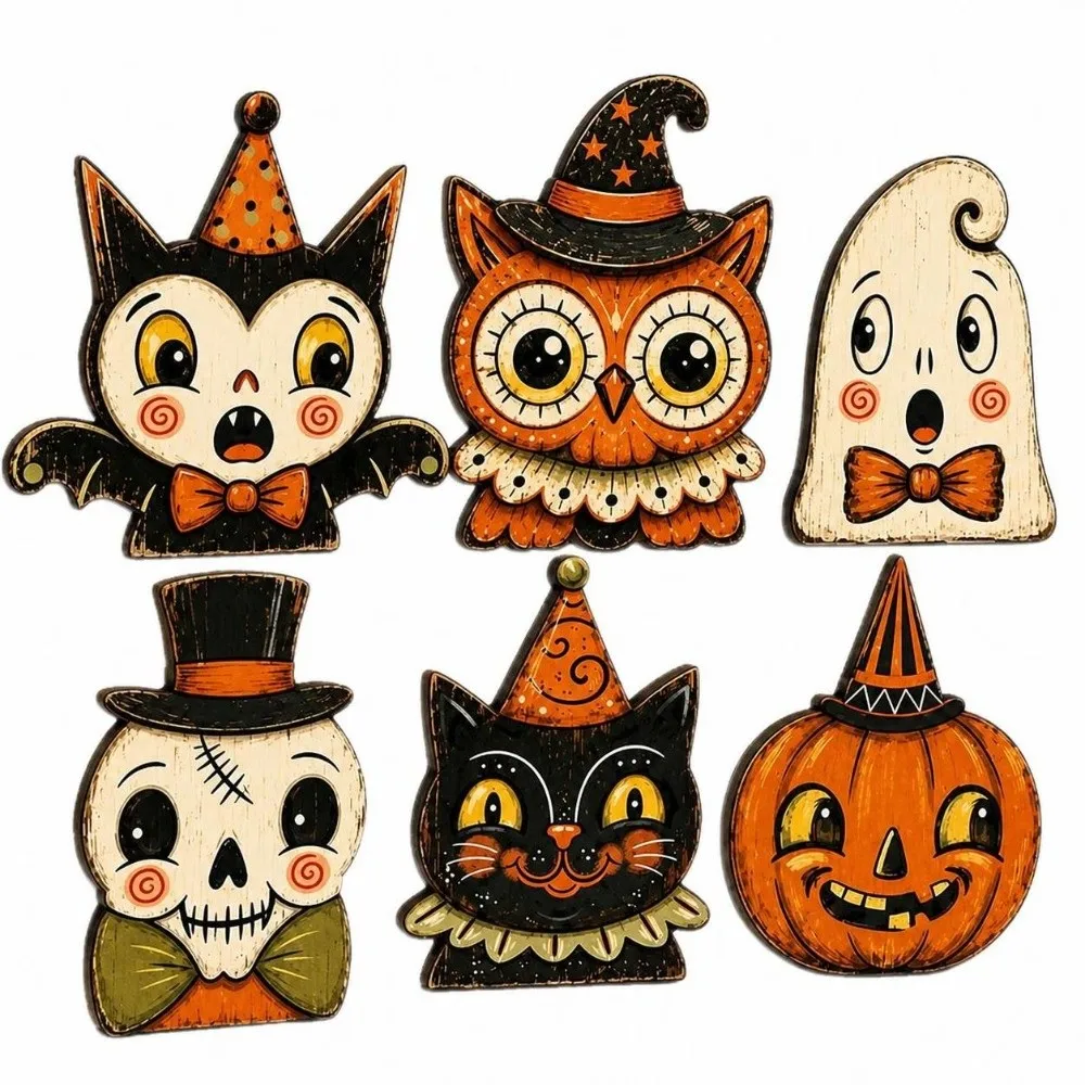 1/6 Stück 10cm Halloween Holzdekoration Vintage Sperrholz Halloween Etagere Deko Kleiner Geist Schwarze Katze Kürbis Eule