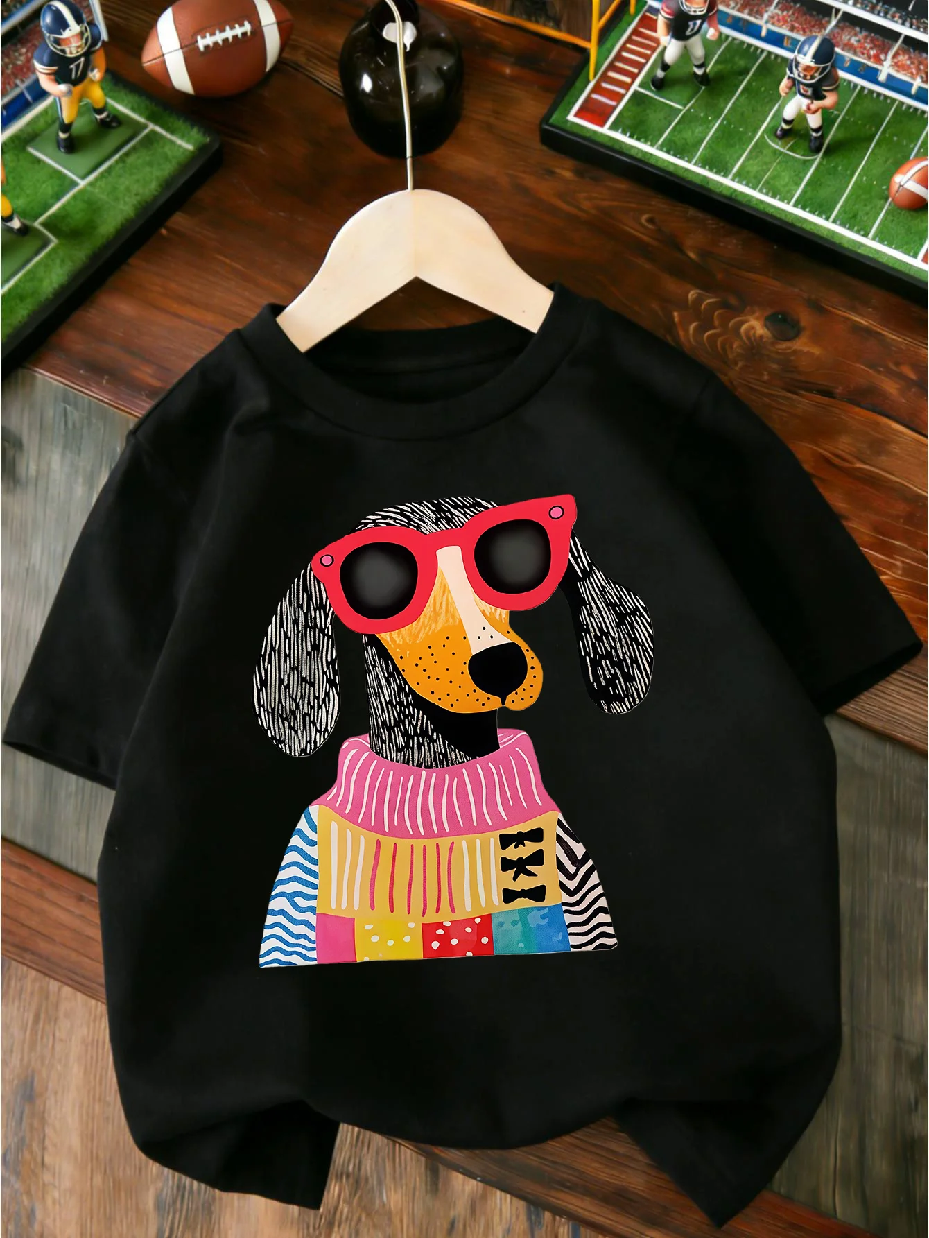 Colorful Spliced Cartoon Dog Funny Pattern Short Sleeved Casual Wear, Daily Versatile for Boys and Girls, Preferred Holiday Gift