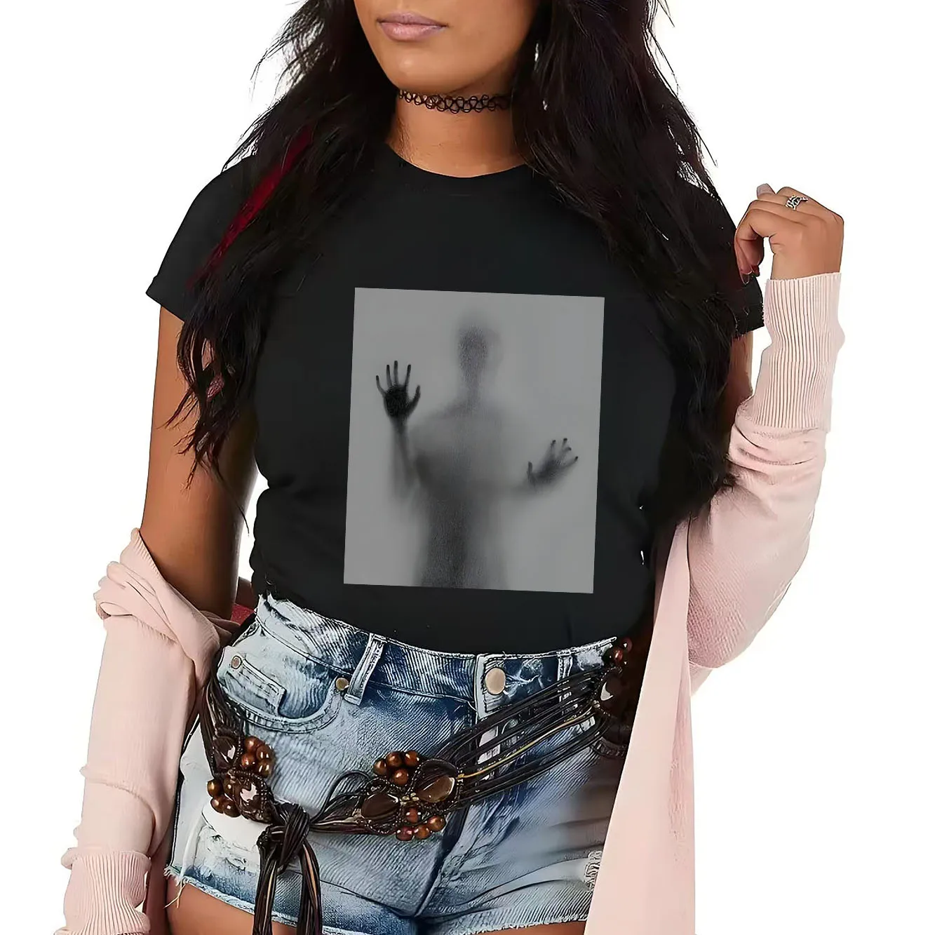 

Повседневная футболка с принтом «Тень» и короткими рукавами, подходящая для всех сезонов, модная и универсальная женская футболка