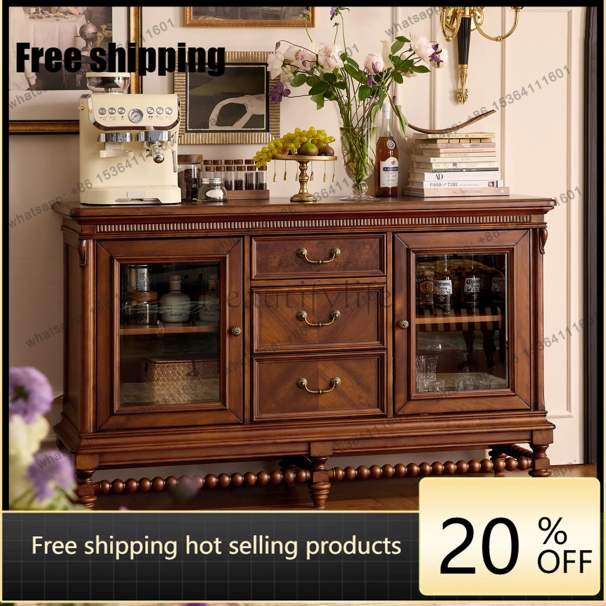 LD French medieval solid wood side cabinet glass door locker