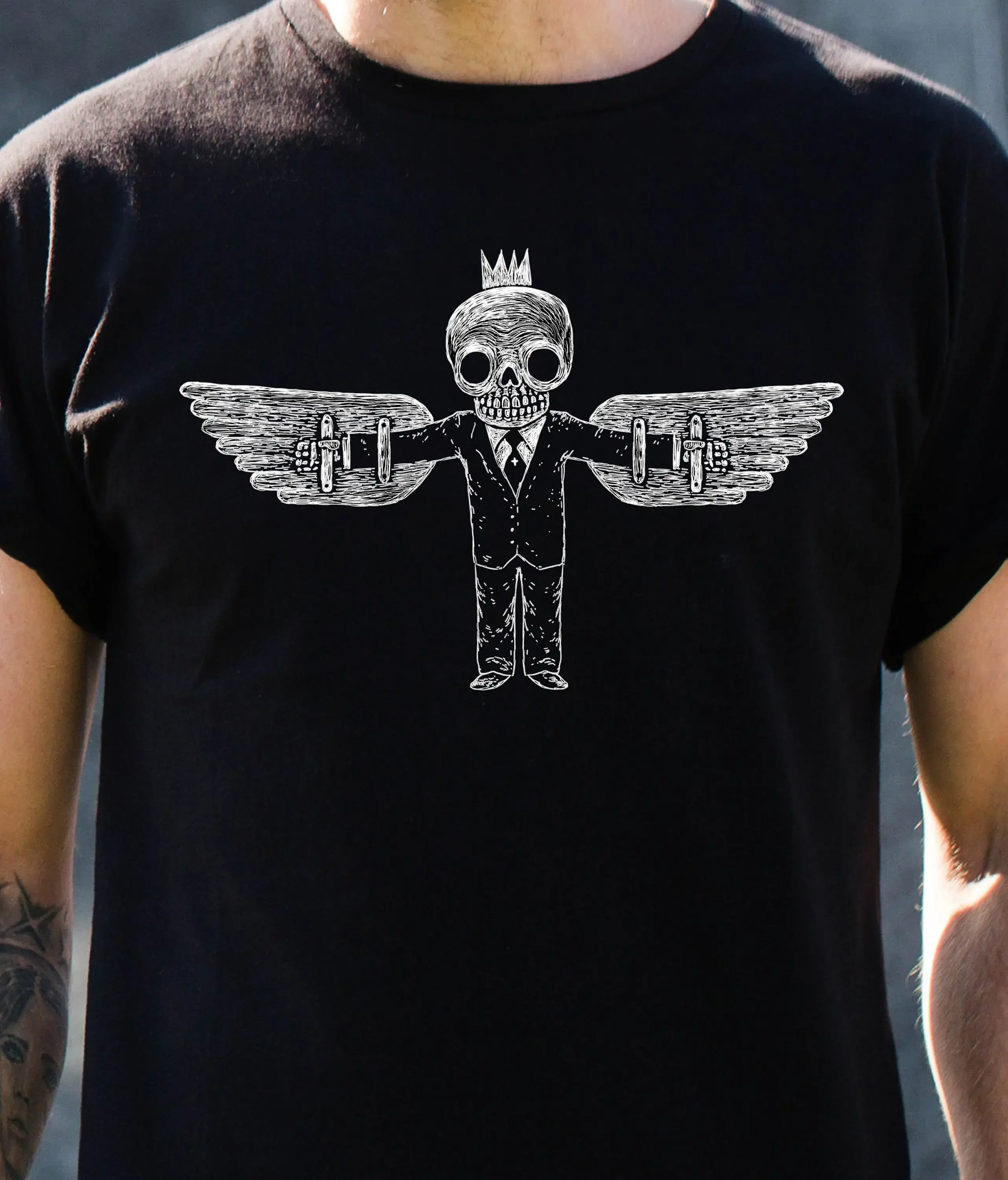 FLYING ICARUS T shirt Black Greek Mythology Outfit Skull Skeleton King Work Day Casual