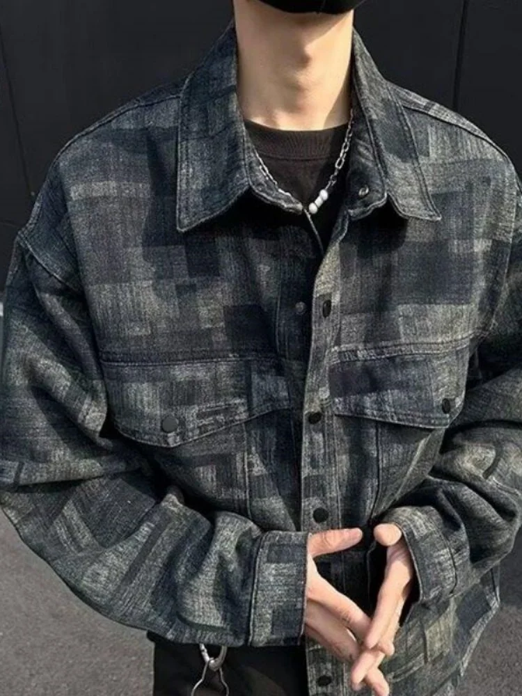 

Retro American Plaid Men's Denim Jaet Loose Fit Turn-down Collar Workwear Sle Spring Autumn Faion Outerwear Coat