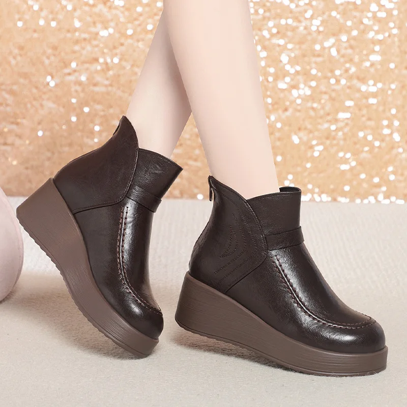 

5cm Comfortable Elegant Women's Shoes Soft Leather Ankle Boots Winter 2026 Thick Bottom Flat Platform Shoes Warm Fur Boots Mom