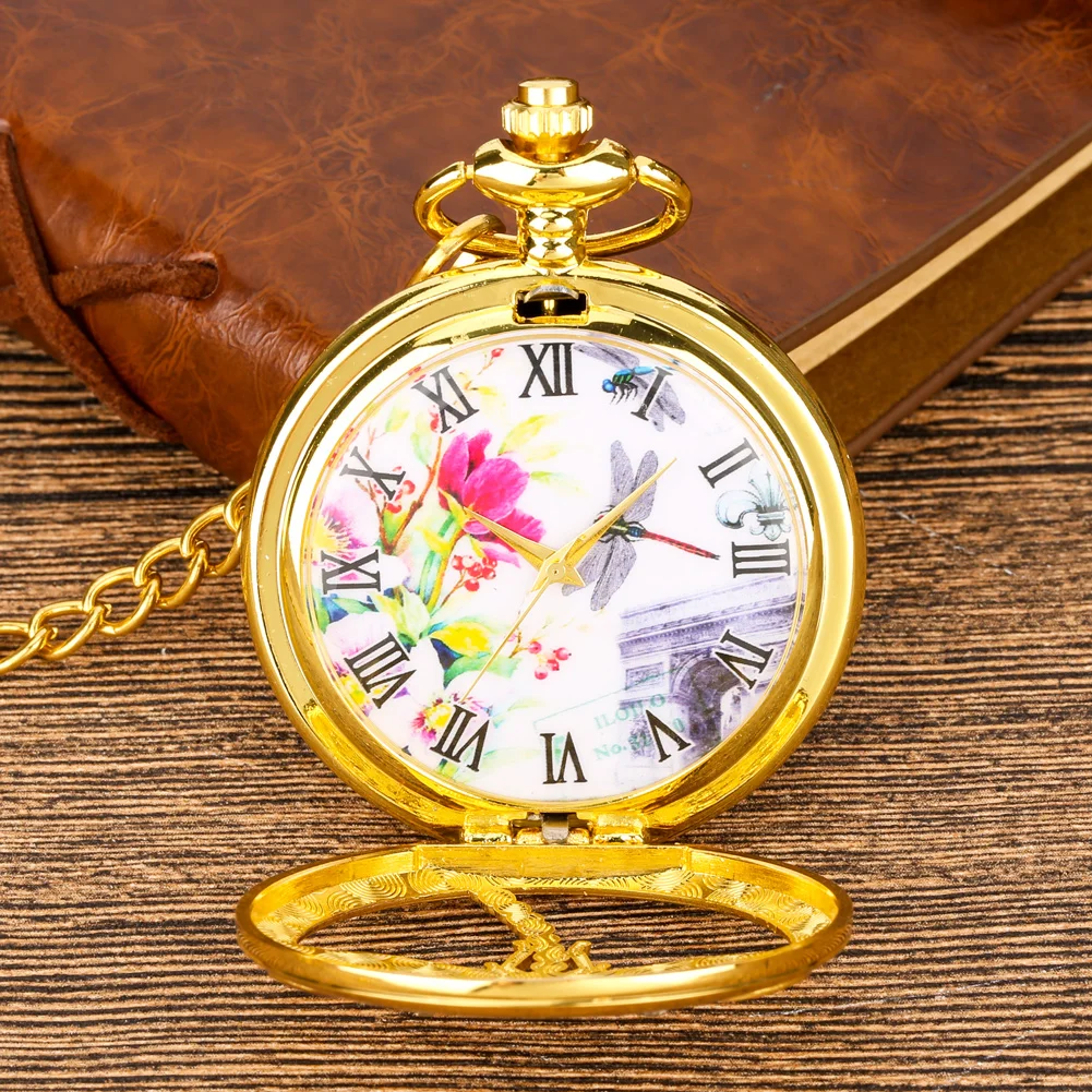 Gold Ladies Pocket Watch Hollow Dragonfly Quartz Pendant Watches Roman Numeral Dial Exquisite Birthday Anniversary Gift for Wife