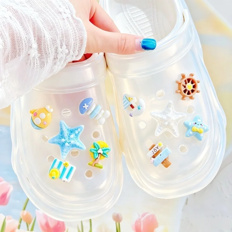 10PCS Summer Cute Beach Shoes Charms Set Starfish Ship Wheel Shoe Pins for Clogs Sandals Aesthetic Girls Decor