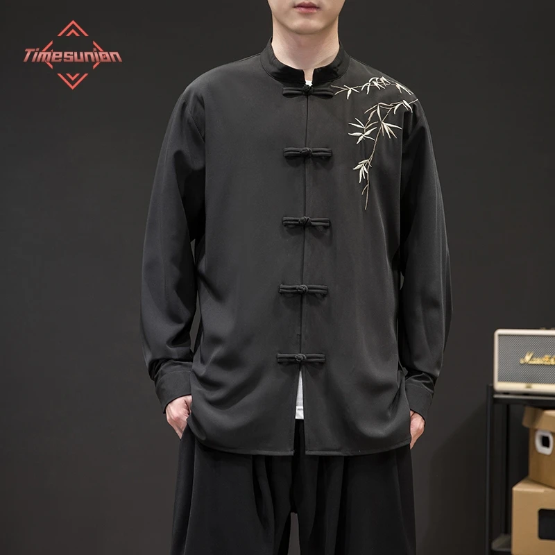 Chinese Style Mens Designer Clothes Plate Buckle Men Shirt Bamboo Embroidery Summer Cool Shirt Stand Collar Long Sleeve Shirts