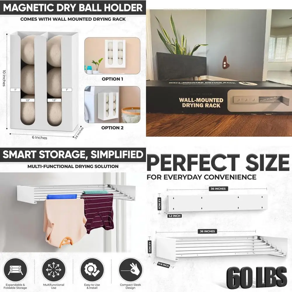 

Настенная сушилка для одежды и полотенец с 6 стержнями и магнитным держателем для шариков, белая