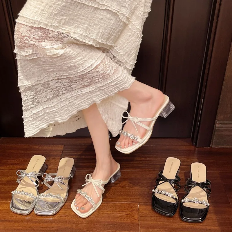 2026 Summer New Beautiful Fairy Style Bow Slippers Women's Thick Heels Wear Fashion Sandals Women's Party Pump Sandalias Mujer