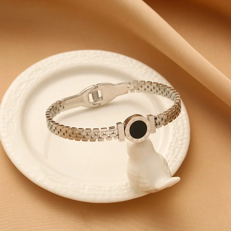 Fashion Bracelet For Women Black Acrylic Stainless Steel Couple Bracelet Carved Roman Numerals Girl Gift - Image 6