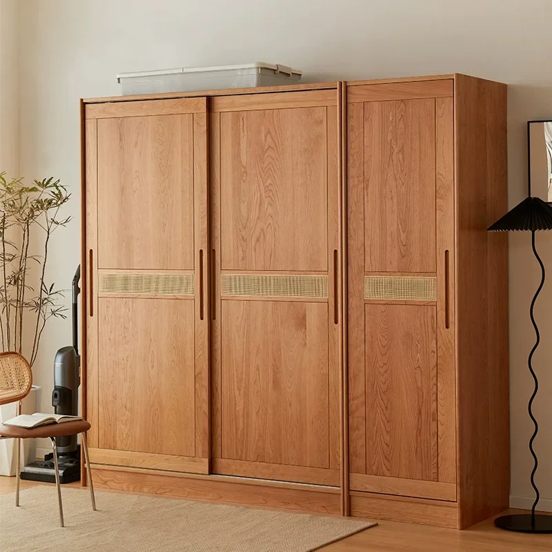 Nordic cherry wood bedroom wardrobe household small apartment sliding door wall wardrobe modern simple log locker