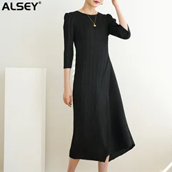 ALSEY Miyake Pleated Irregular Dress Fall Spring New Fashion Loose Plus Size Seven Sleeve Casual Round Neck Dresses