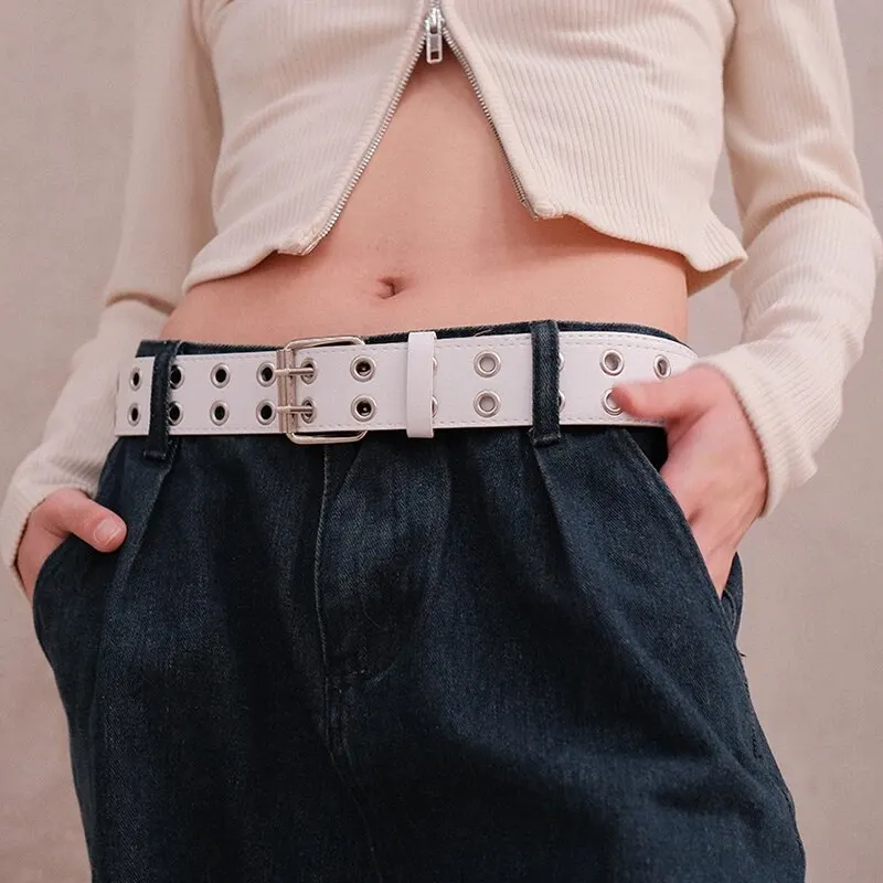 1pc Women\'s Belt Trend Simple Double Hole Men Belt Punk Hip Hop Rock Style Subculture Y2K Belt Punch Free Belt for Men and Women