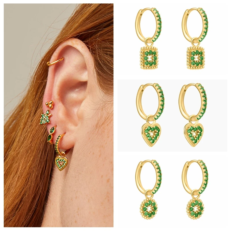 

925 Sterling Silver Needle Circle/Square/Heart Pendant Hoop Earrings for Women Green Crystal Luxury Wedding Earrings Jewelry INS