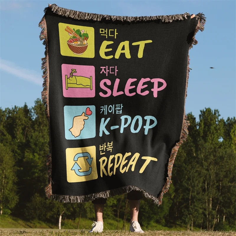 Aertemisi Eat Sleep K-pop Repeat Things I Do Funny Kpop Finger Heart Meme Jacquard Fringed Woven Throw Blanket with Tassel