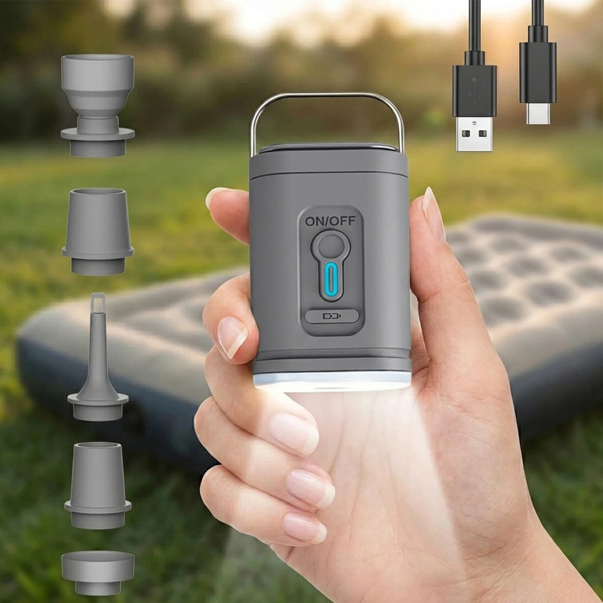 Portable Mini Air Pump Electric Inflator Deflator with Camping Lantern Light 5 Nozzles for Air Mattress Swimming Ring Vacuum Bag