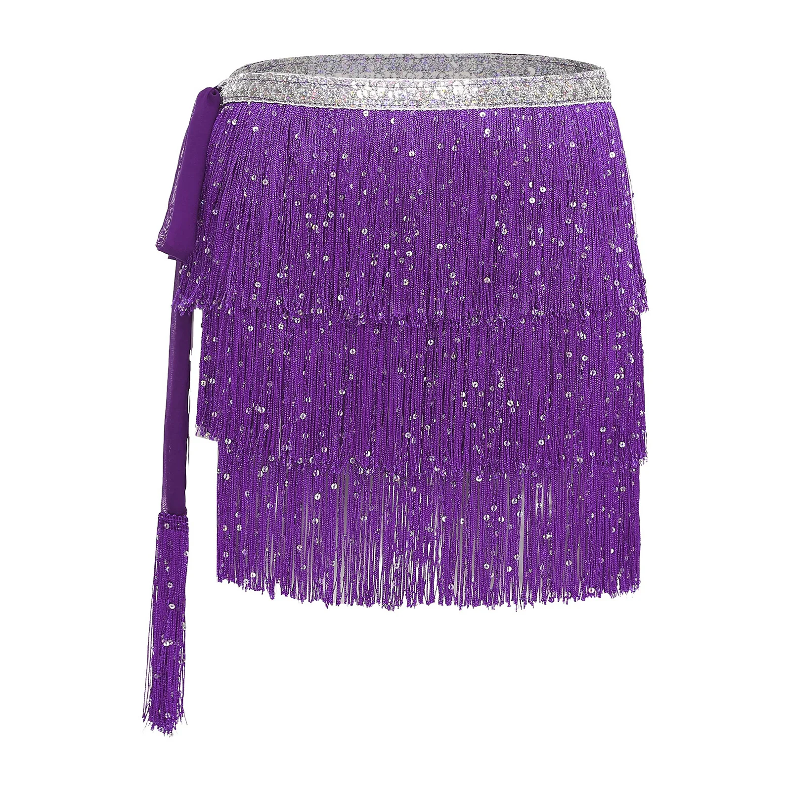 Women Tiered Tassel Belly Latin Cha-cha Dance Performance Hip Scarf Sequin Lace-up Waist Hip Wrap Dancing Skirts for Party Raves