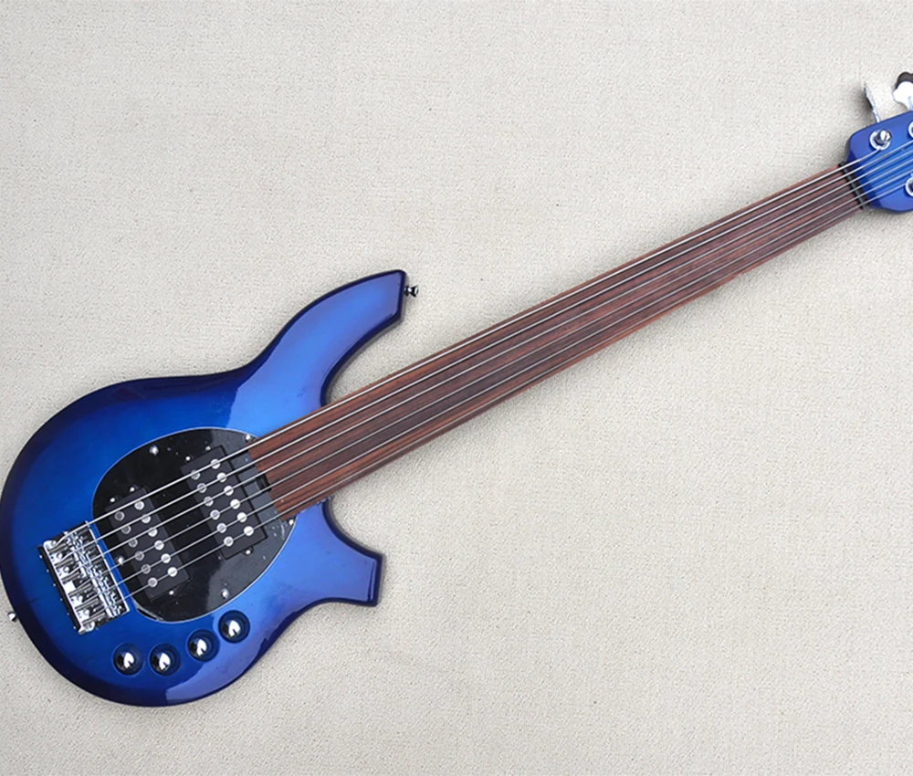 

6 Strings Blue Fretless Electric Bass Guitar with Active Circuit,Rosewood Fretboard