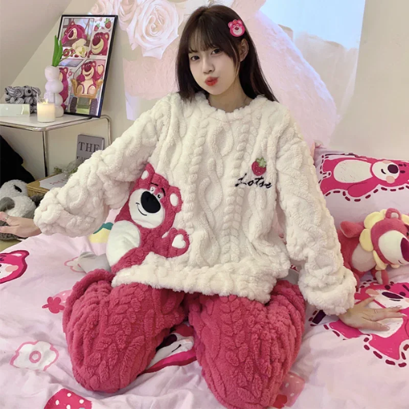 Strawberry bear pajamas cartoon Disney loungewear new two-piece set pajamas pants set round neck strawberry bear women's pajamas