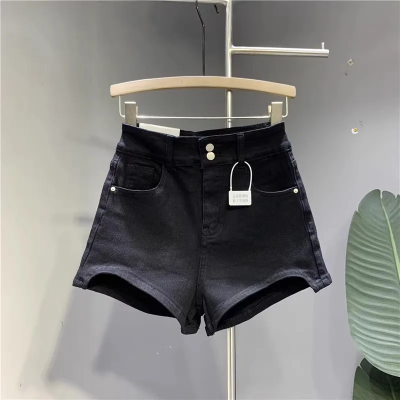 

High-Waist Slim Fit Black Denim Shorts Jeans Button Detail Front Short Back Long Design Summer New Style Base Layer Pants