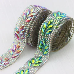 1 yard Red Green AB color Hot Fix Rhinestone Mesh Trim Glue on Rhinestone Cup Chain for DIY Garments Dance Dress Decoration