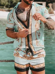 Fashionable men's T-shirt short-sleeved shorts suit beach casual printed street summer 2024 new suit top 2-piece set