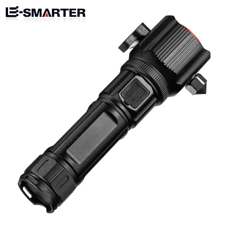 High Power Zoom LED Flashlight with USB Charging COB Safety Hammer Multi-functional Waterproof Aluminum Alloy White Laser Torch