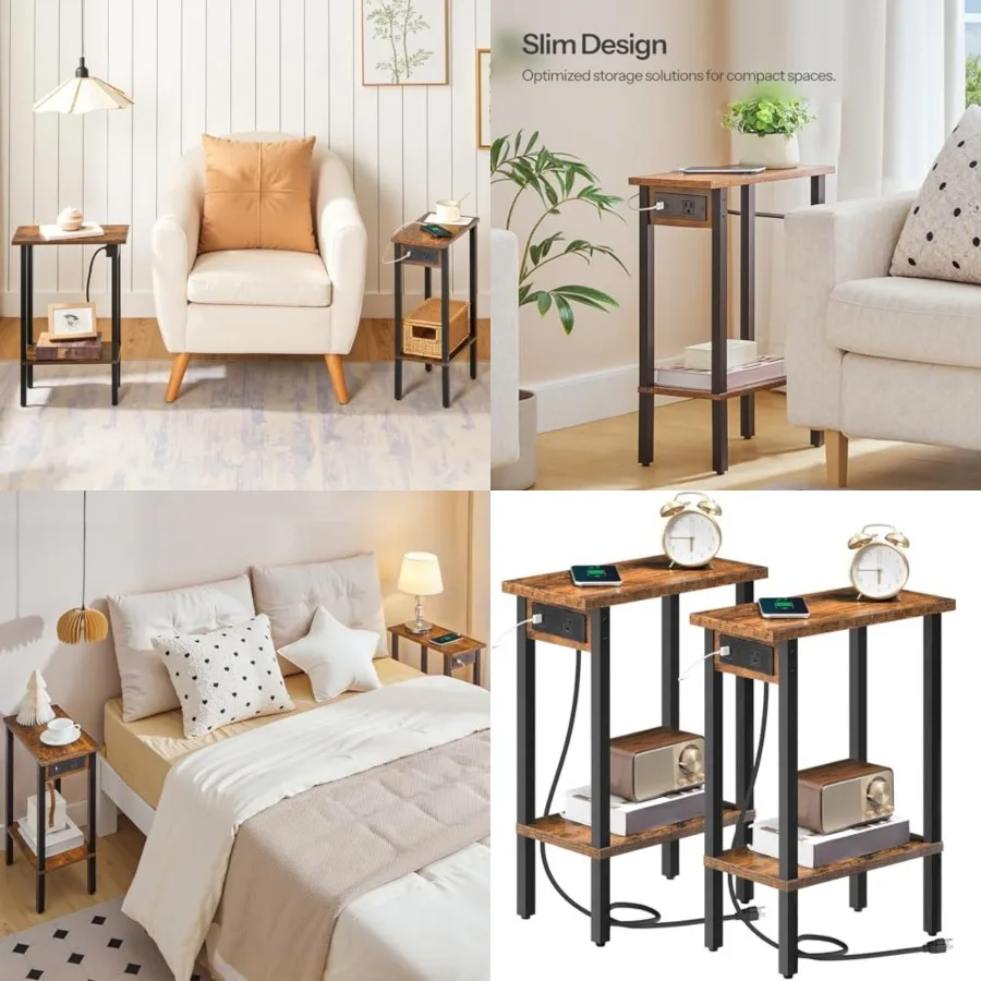 

Narrow Side Tables, Set of, -Tier Slim End Tables with Charging Station, Skinny Nightstands with Open Storage, for Small Spaces