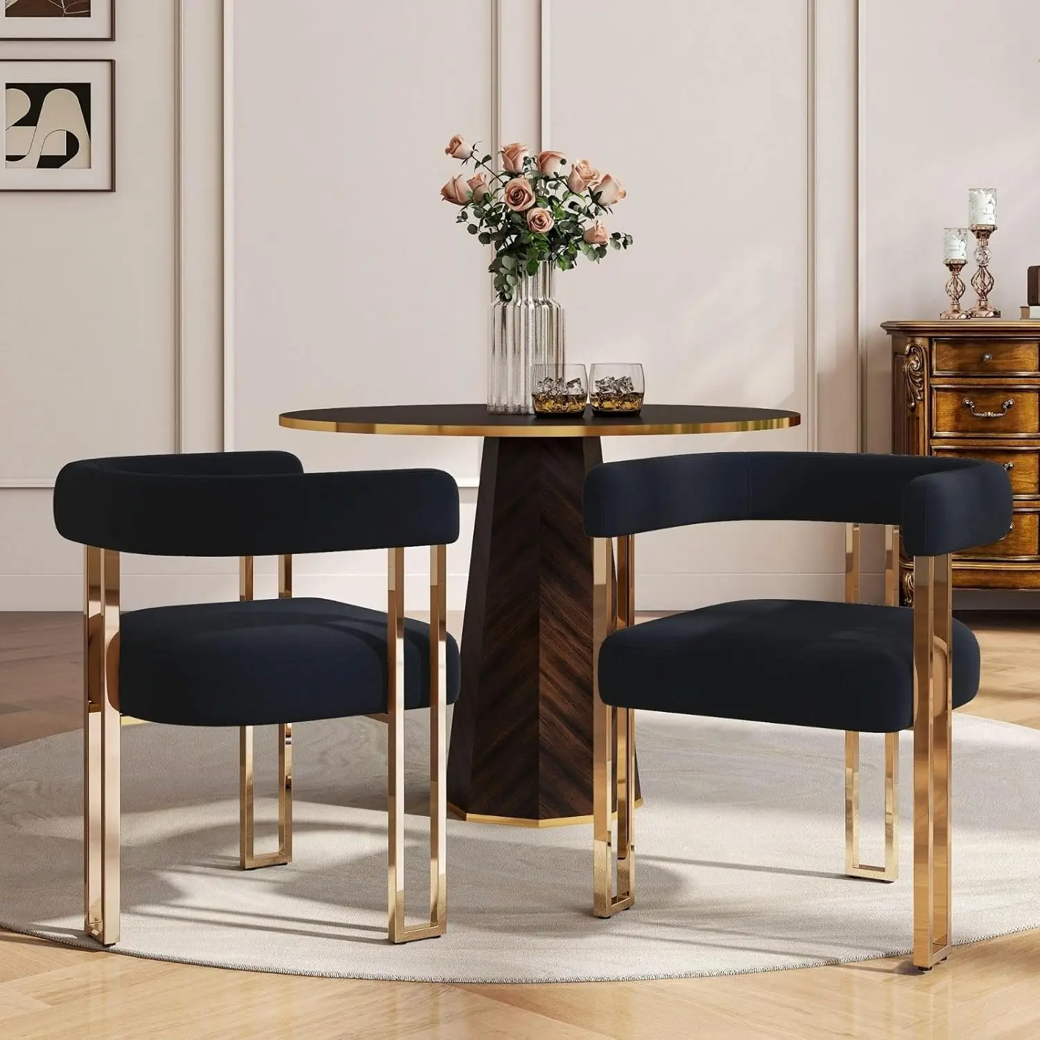 

Black and Gold Modern Dining Chairs Set of 2, Velvet Upholstered Barrel Armchairs with Metal Legs for Kitchen, Customized