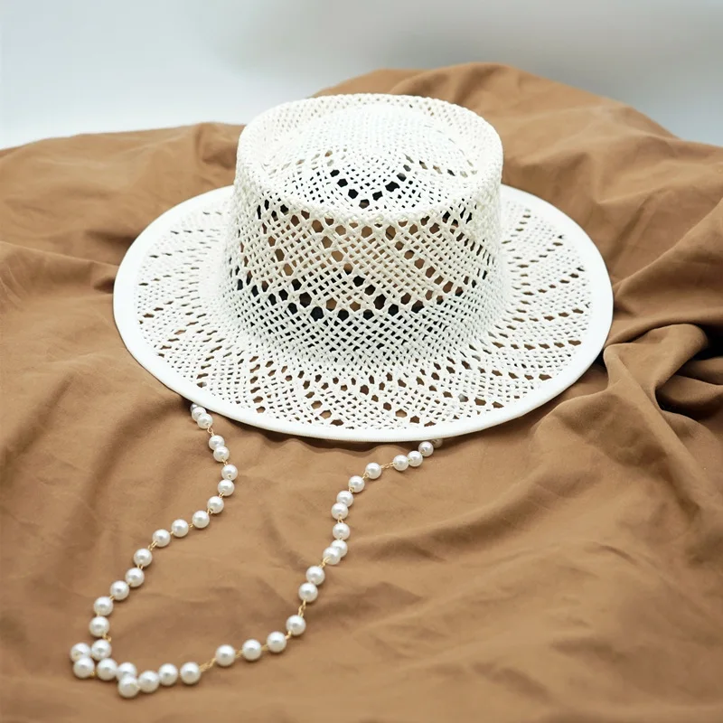 Handwoven White Panama Hat Women Summer Hat with Pearls Chain Hollow Out Summer Hat Vacation Beach Straw Hat Travel Boater Hat