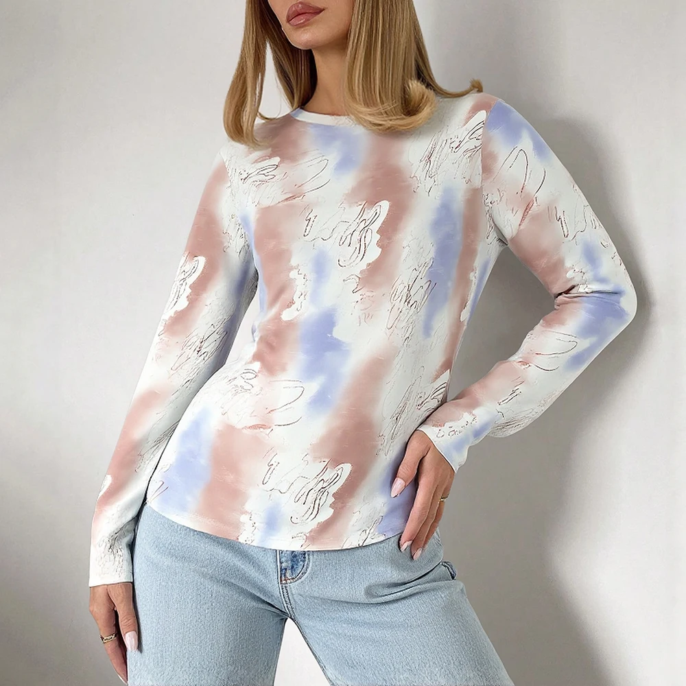 

Mia Muse Women's T-Shirts Autumn Winter Daily Fashion Gradient Contrast Color Long Sleeve Crew Neck Casual T-Shirts